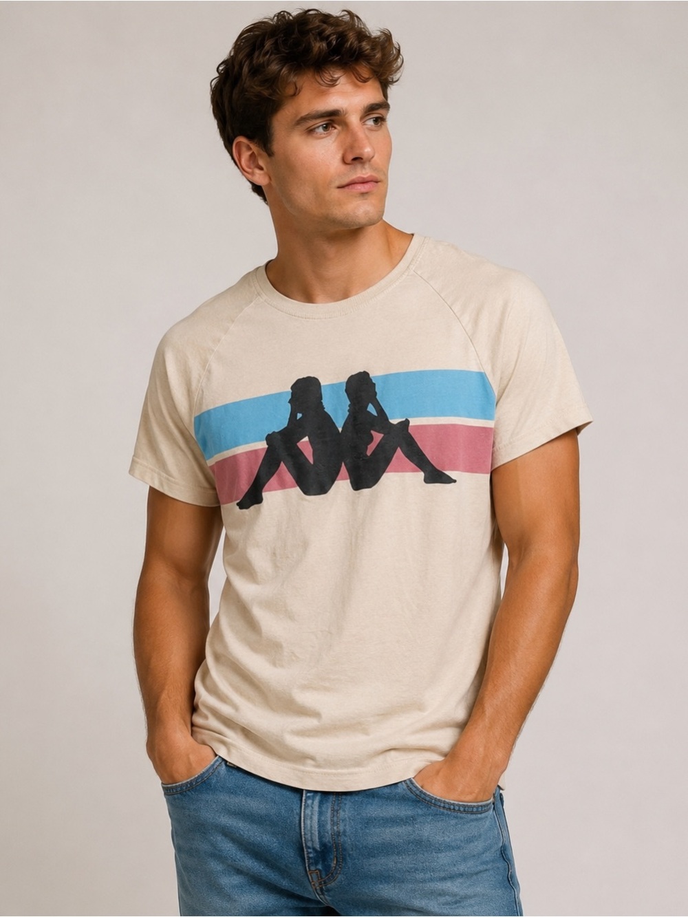 Kappa Men Tee  Beige / Light Blue/ Pink Striped Kappa T Shirt   Size M
